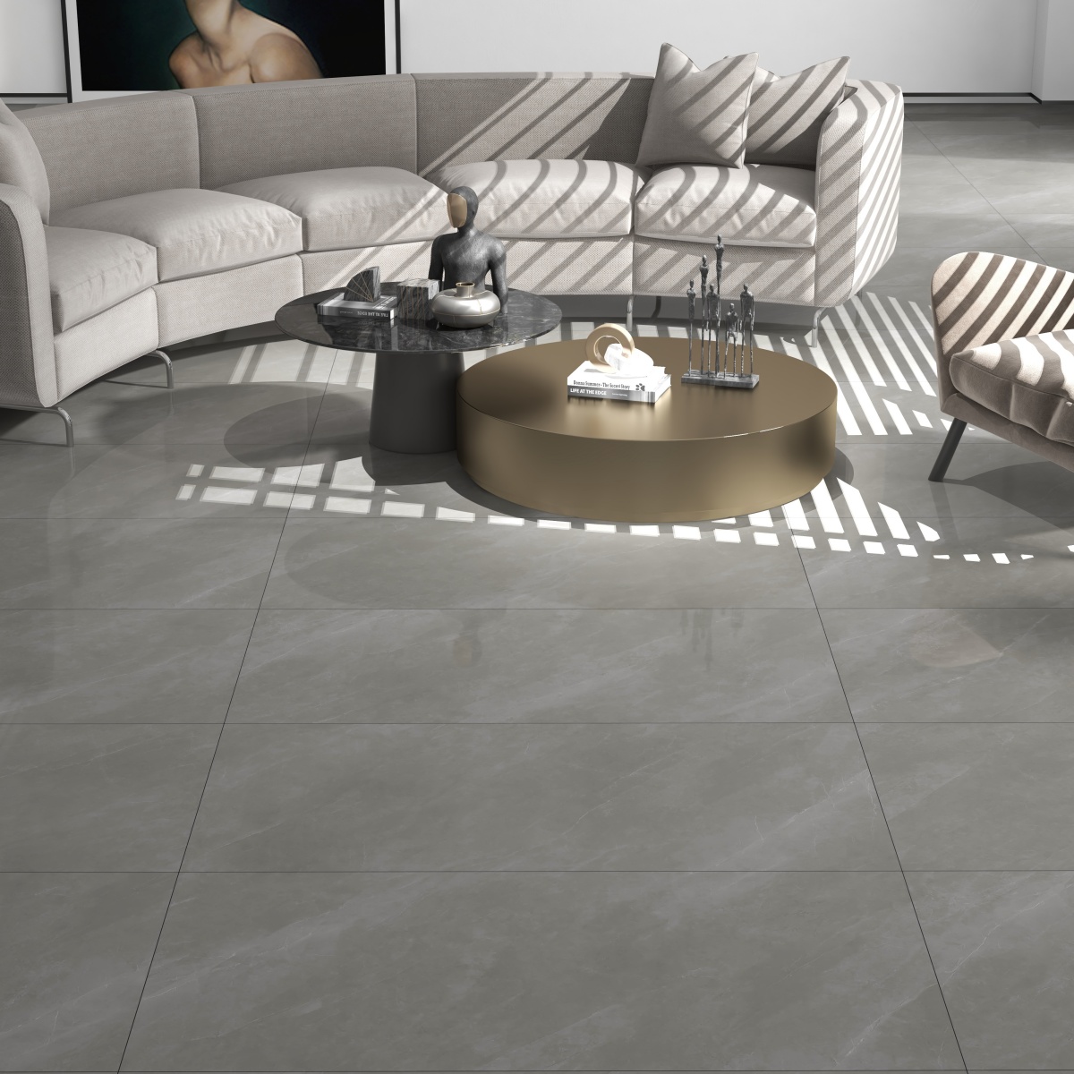 亮光 超晶通体大理石 LS612103墨灰 一石五面 自由连纹 亮光通体